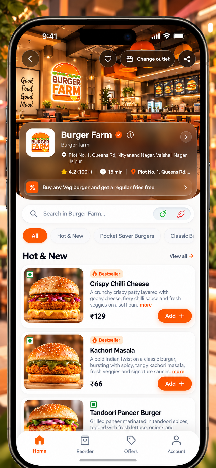 Restaurant Menu — Curated outlets with live preparation timing