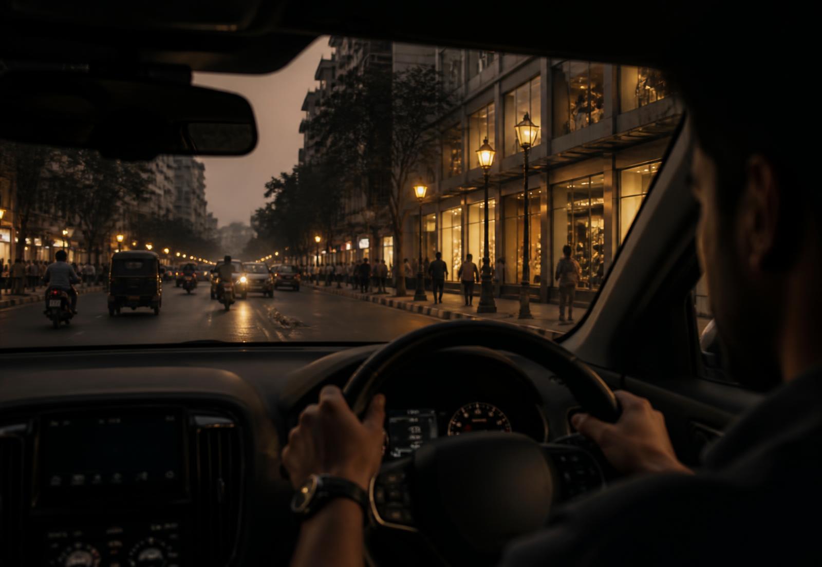 Evening view from a car on an Indian city street, passing lit shopfronts