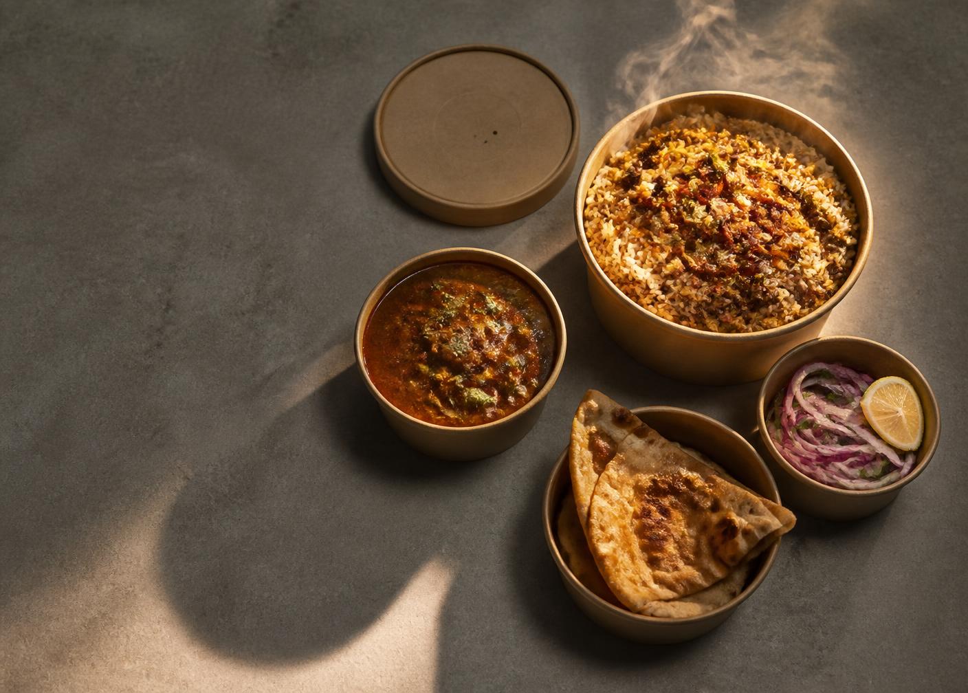 Freshly cooked Indian meal in takeaway packaging with steam rising