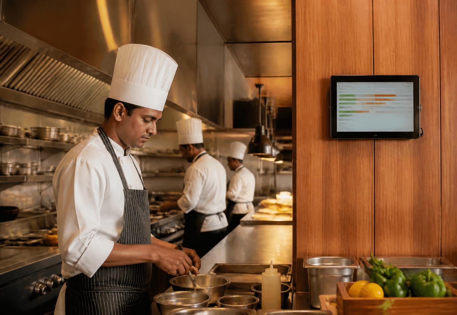 Chefs working in a modern Indian restaurant kitchen beside an order timing screen