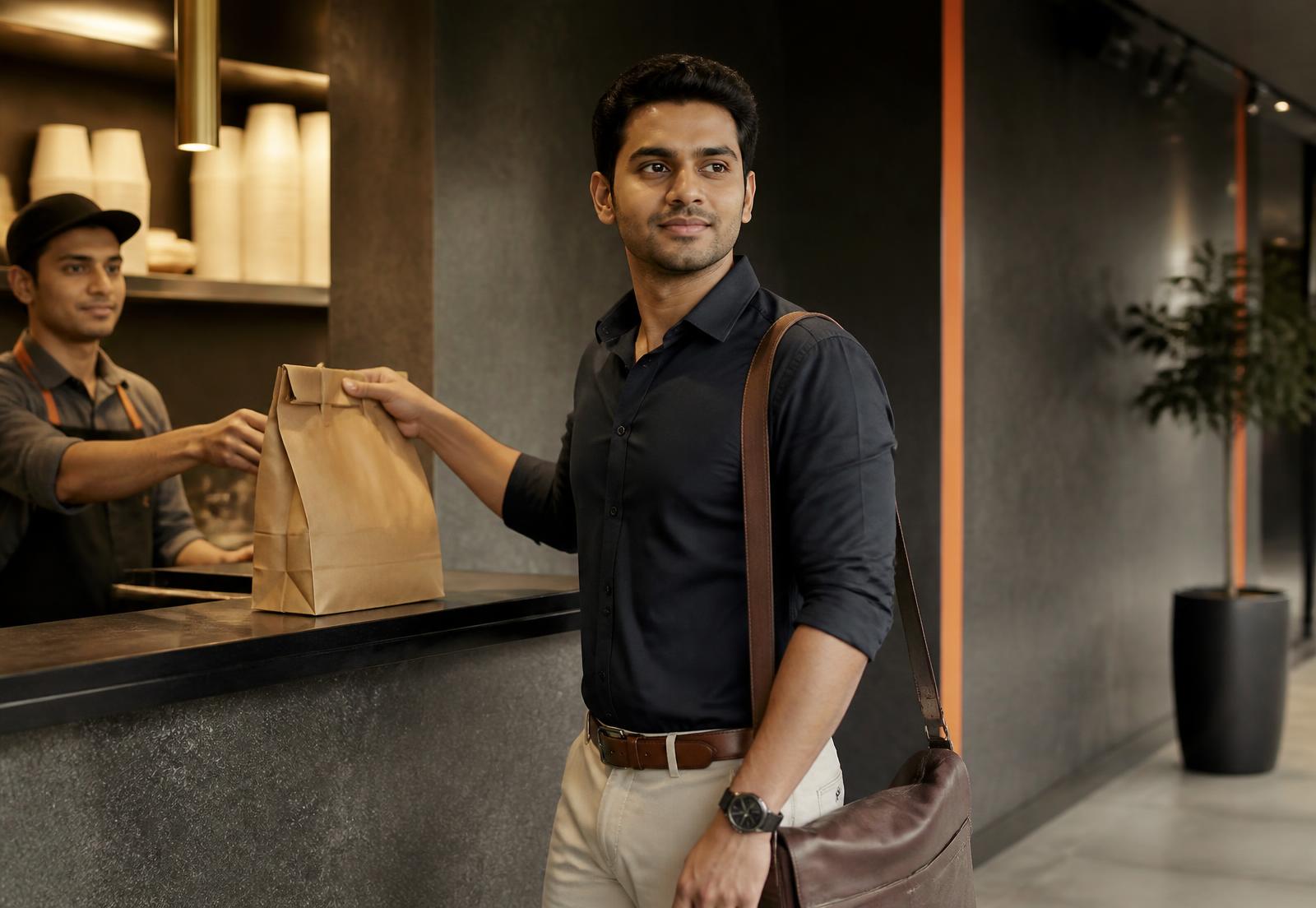 A commuter collecting a takeaway order at a modern pickup counter
